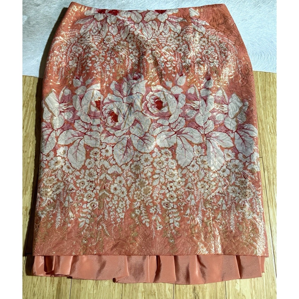 Tracy Reese‎ women's orange floral metallic silk pencil skirt size 10